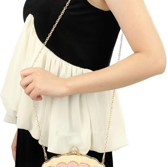 Women's Large Woven Straw Embroidered Shellsea Pattern Clutch Bag with Dual Chai - Picture 7 of 7